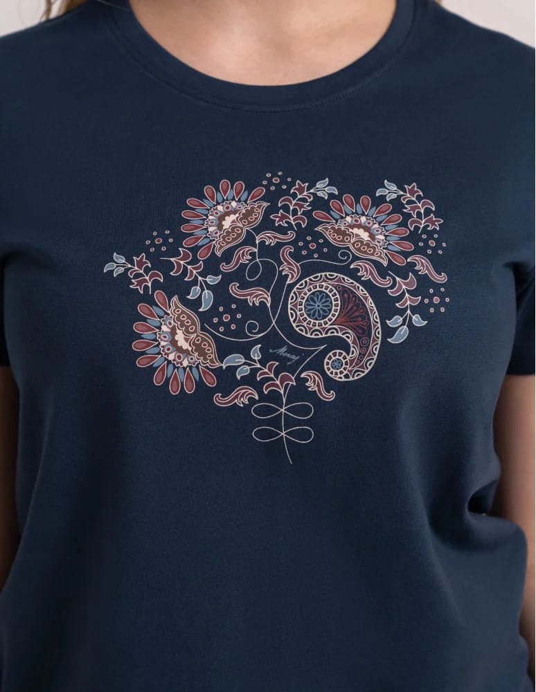 Koszulki z krótkim rękawem - Bawełniany t-shirt damski z krótkim rękawem w stylu boho GRANATOWY  - produkt moraj.pl 2