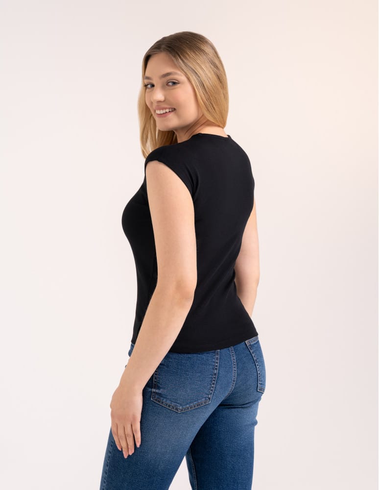 Bluzki i koszule - Bluzka damska prążkowana z krótkim rękawem cap sleeve CZARNY  - produkt moraj.pl 4
