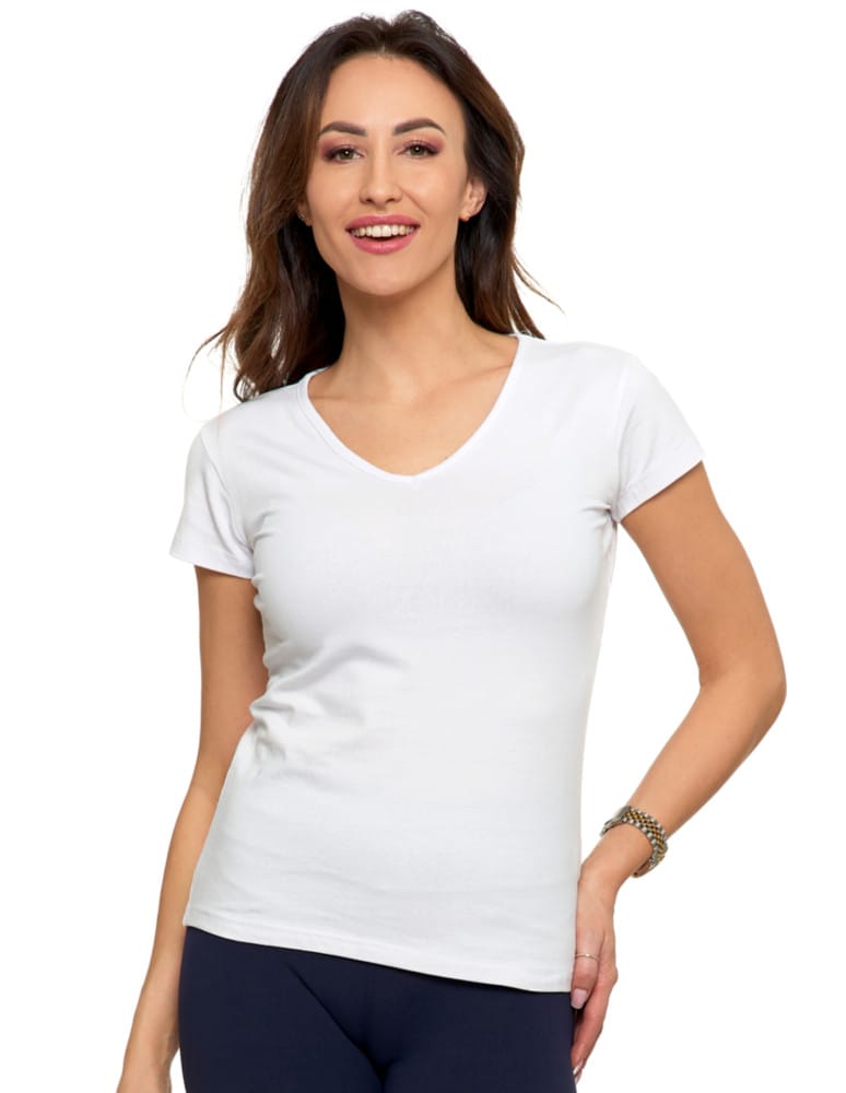 Koszulki i T-shirty - T-shirt damski bawełniany z dekoltem V BIAŁY - produkt moraj.pl 1
