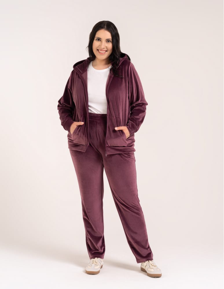 Bluzy dresowe - Bluza damska welurowa rozpinana z kapturem i kieszeniami FIOLETOWY  - produkt moraj.pl 3