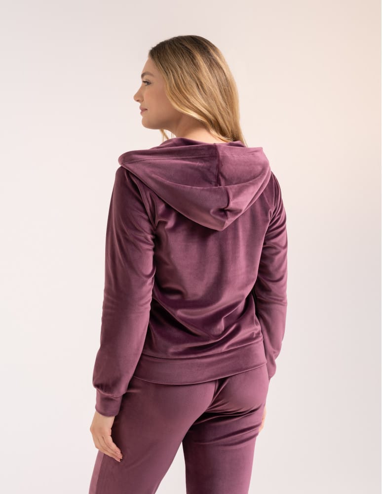 Bluzy dresowe - Bluza damska welurowa rozpinana z kapturem i kieszeniami FIOLETOWY  - produkt moraj.pl 5