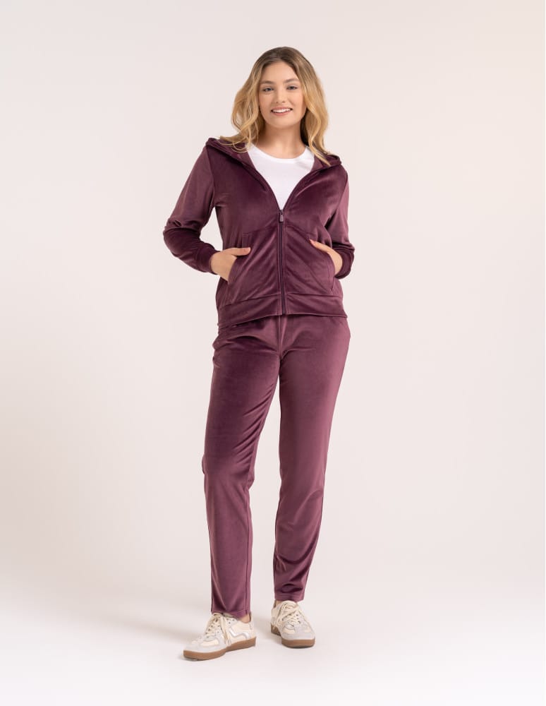 Bluzy dresowe - Bluza damska welurowa rozpinana z kapturem i kieszeniami FIOLETOWY  - produkt moraj.pl 4