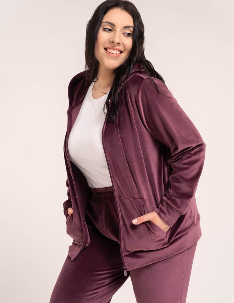 Bluzy dresowe - Bluza damska welurowa rozpinana z kapturem i kieszeniami FIOLETOWY  - produkt moraj.pl 6