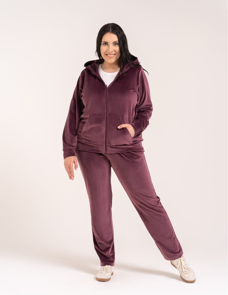 Bluzy dresowe - Bluza damska welurowa rozpinana z kapturem i kieszeniami FIOLETOWY  - produkt moraj.pl 2