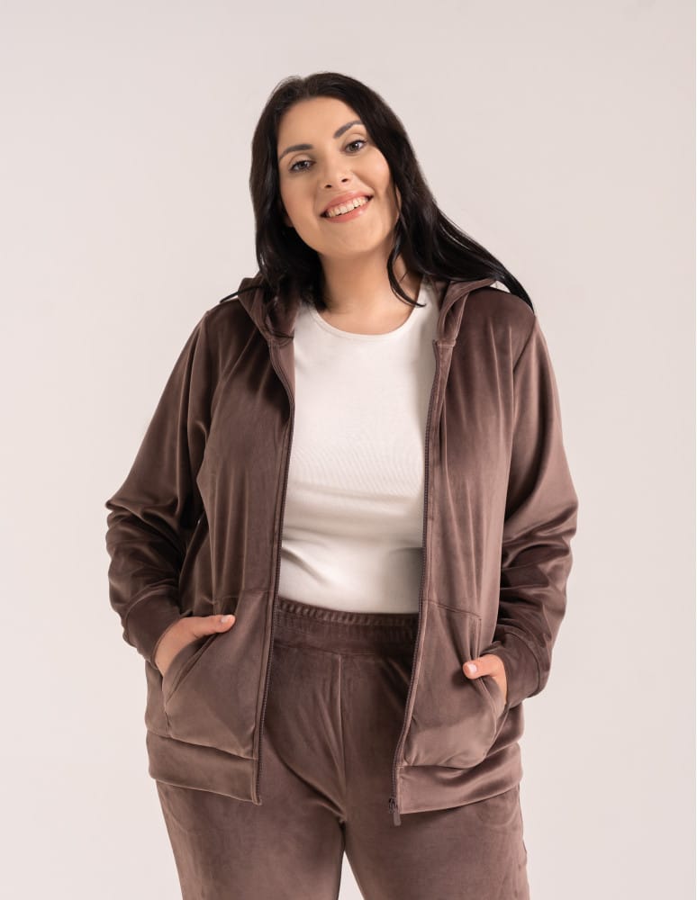 Bluzy dresowe - Bluza damska welurowa rozpinana z kapturem i kieszeniami BRĄZOWY  - produkt moraj.pl 10