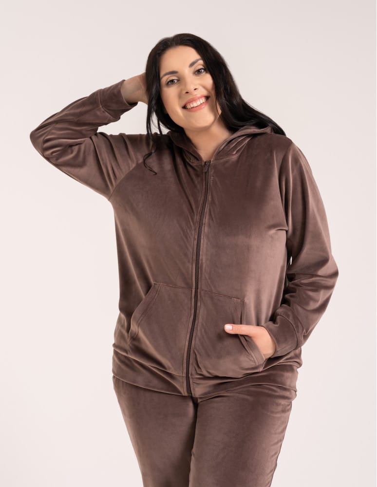 Bluzy dresowe - Bluza damska welurowa rozpinana z kapturem i kieszeniami BRĄZOWY  - produkt moraj.pl 12