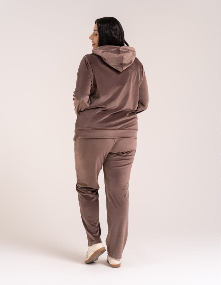 Bluzy dresowe - Bluza damska welurowa rozpinana z kapturem i kieszeniami BRĄZOWY  - produkt moraj.pl 16