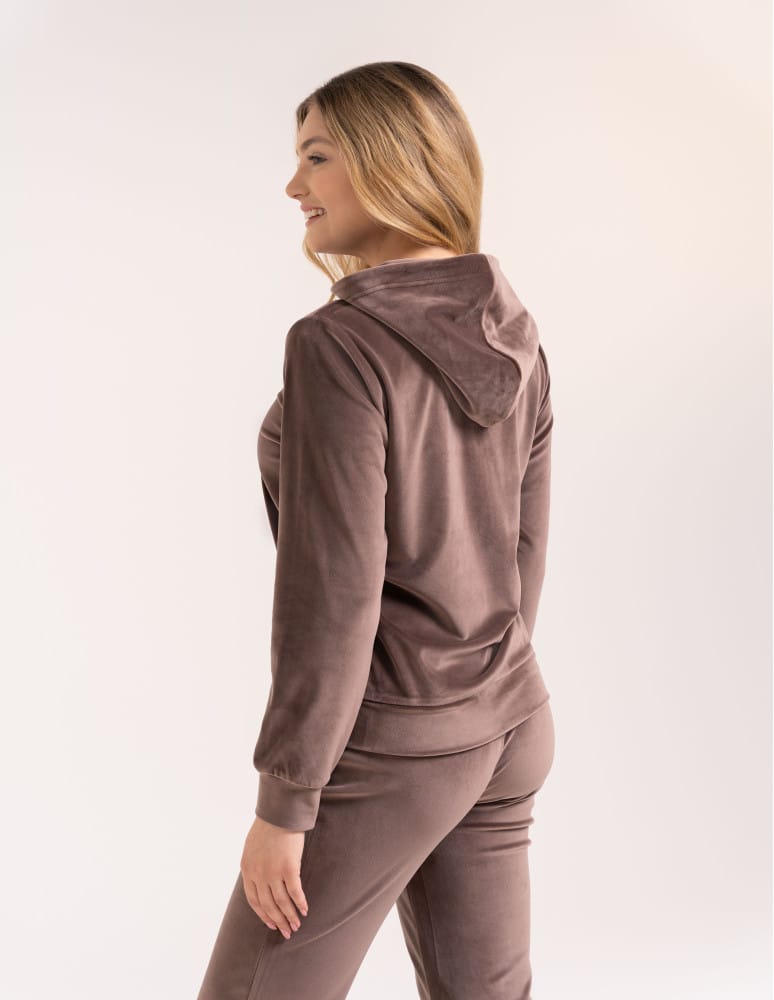 Bluzy dresowe - Bluza damska welurowa rozpinana z kapturem i kieszeniami BRĄZOWY  - produkt moraj.pl 7