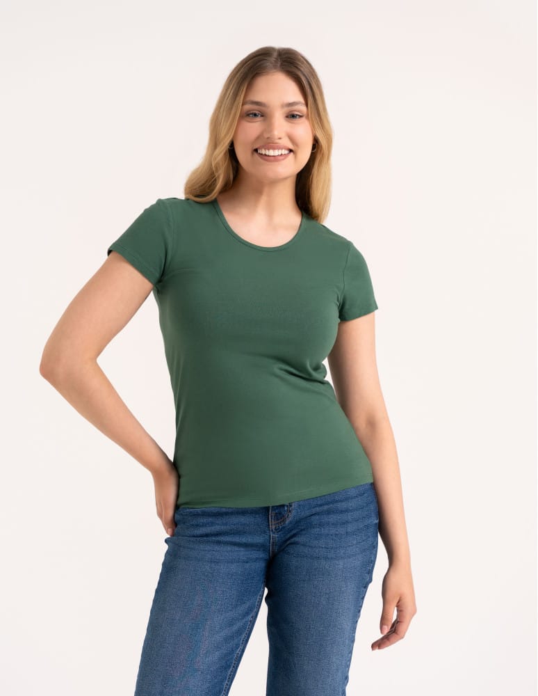T-shirt damski bawełniany z krótkim rękawkiem jednokolorowy KHAKI