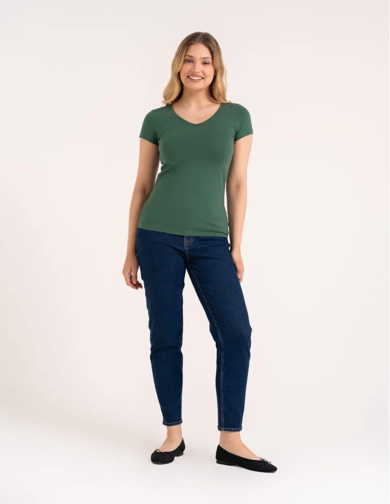Koszulki i T-shirty - T-shirt damski bawełniany z dekoltem V KHAKI - produkt moraj.pl 2