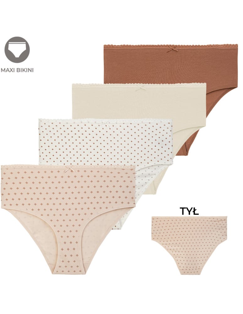 Majtki damskie maxi bikini bawełniane wykończone ozdobną lamówką 4-pak WIELOKOLOROWY