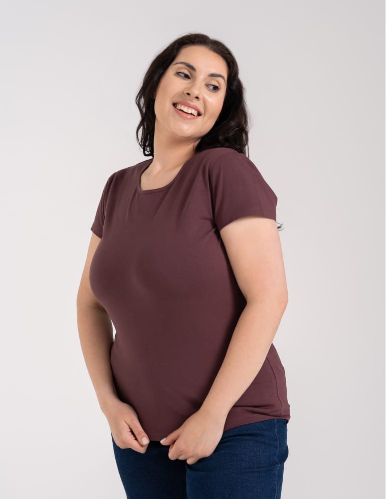 Koszulki i T-shirty - T-shirt damski z okrągłym dekoltem plus size BRĄZOWY - produkt moraj.pl 1