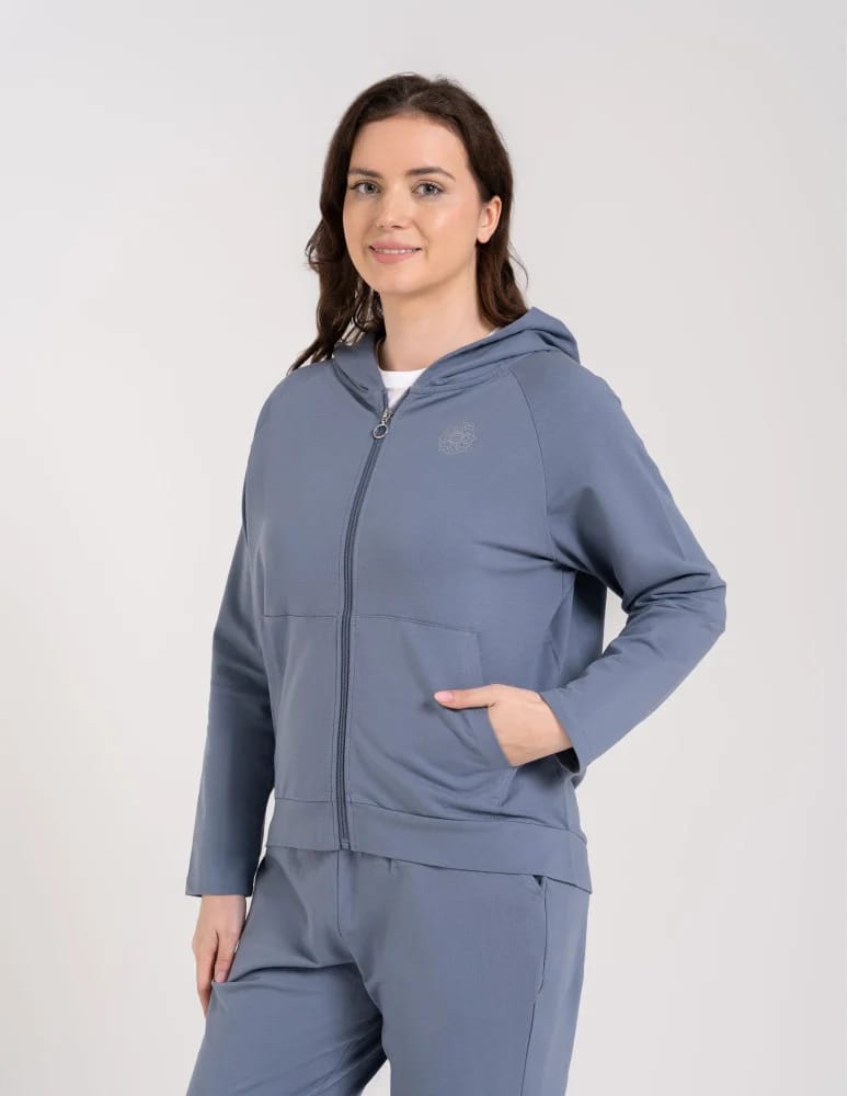 Bluzy damskie - Bluza dresowa damska na zamek z kapturem luźna GRAFIT - produkt moraj.pl 5