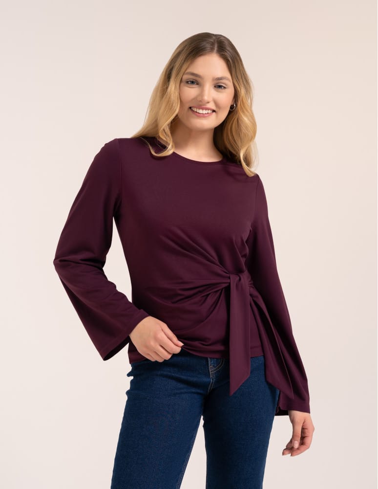 Elegancka bluzka wiskozowa z drapowaniem szerokie rękawy FIOLETOWY