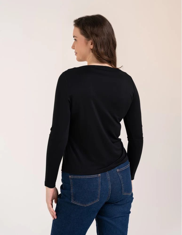 Bluzki z długim rękawem - Bluzka damska z wiskozy długi rękaw miękka w dotyku longsleeve CZARNY  - produkt moraj.pl 3