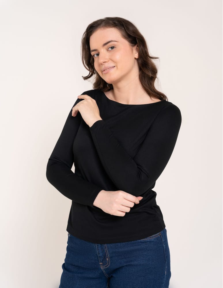 Bluzki z długim rękawem - Bluzka damska z wiskozy długi rękaw miękka w dotyku longsleeve CZARNY - produkt moraj.pl 1
