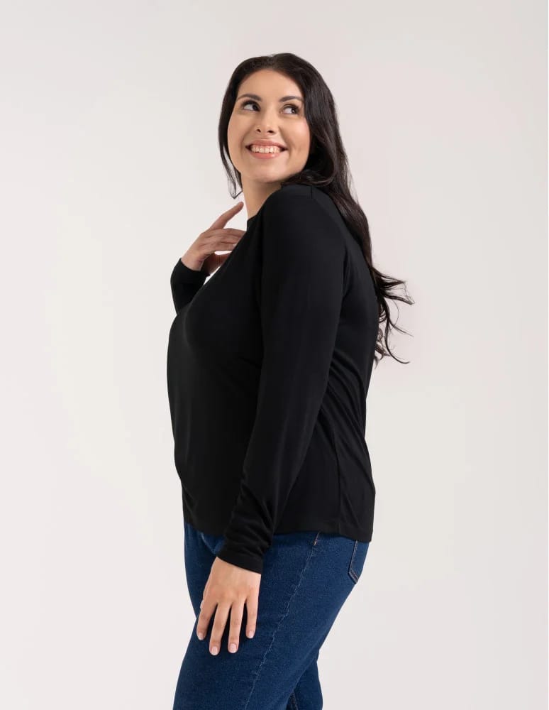 Bluzki z długim rękawem - Bluzka damska z wiskozy długi rękaw miękka w dotyku longsleeve CZARNY  - produkt moraj.pl 6