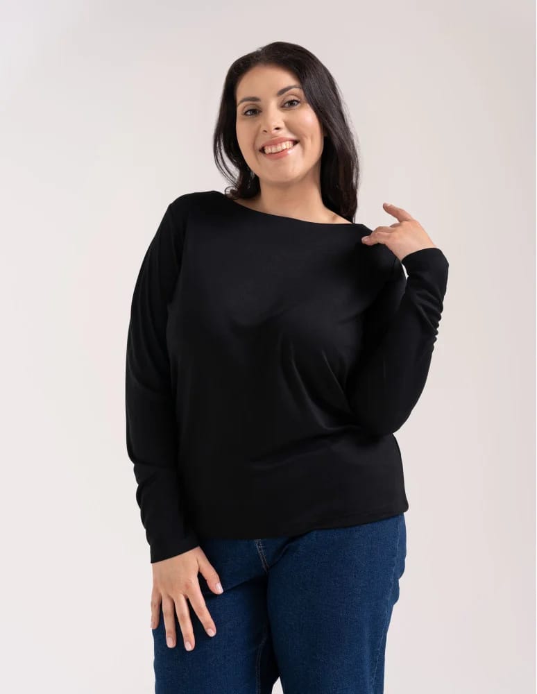 Bluzki z długim rękawem - Bluzka damska z wiskozy długi rękaw miękka w dotyku longsleeve CZARNY  - produkt moraj.pl 5