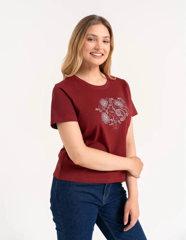 Koszulki z krótkim rękawem - Bawełniany t-shirt damski z krótkim rękawem w stylu boho BORDOWY - produkt moraj.pl 4