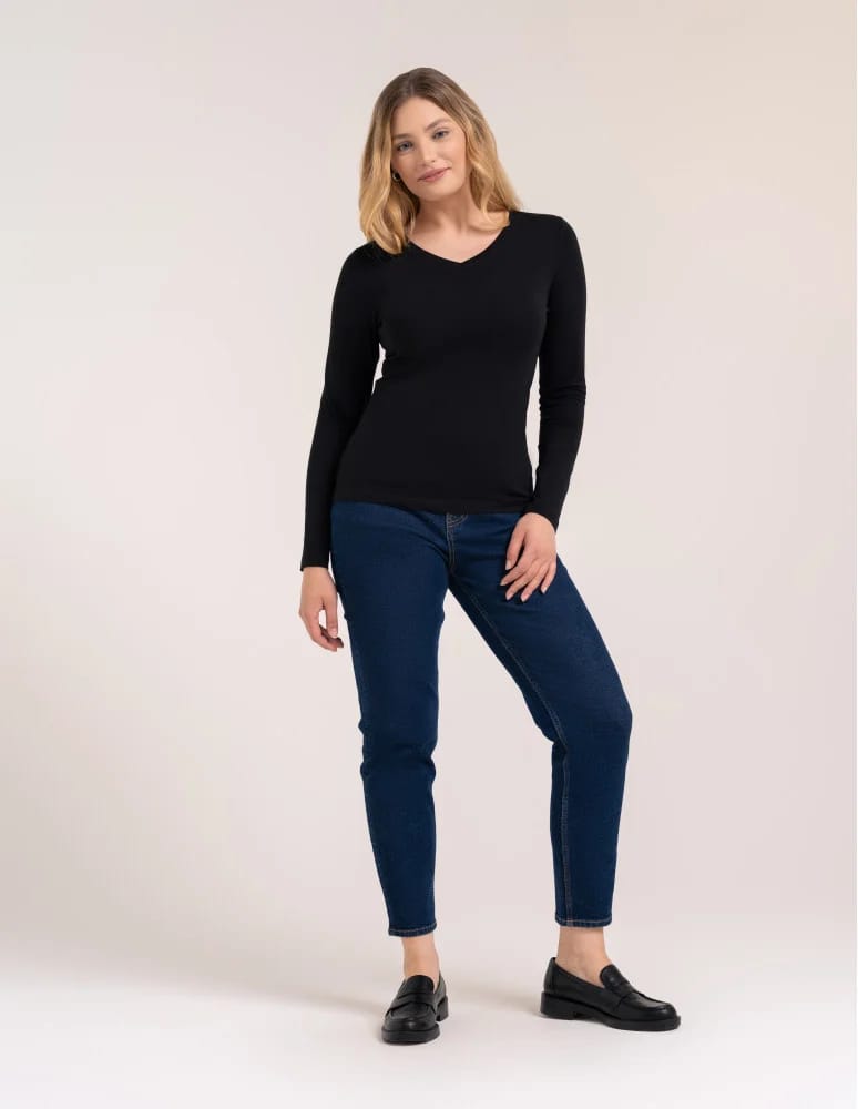 Bluzki z długim rękawem - Klasyczny longsleeve damski bawełniany Slim Fit CZARNY  - produkt moraj.pl 3