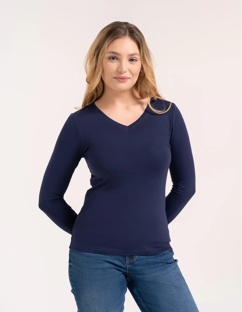 Bluzki z długim rękawem - Klasyczny longsleeve damski bawełniany Slim Fit NIEBIESKI - produkt moraj.pl 2