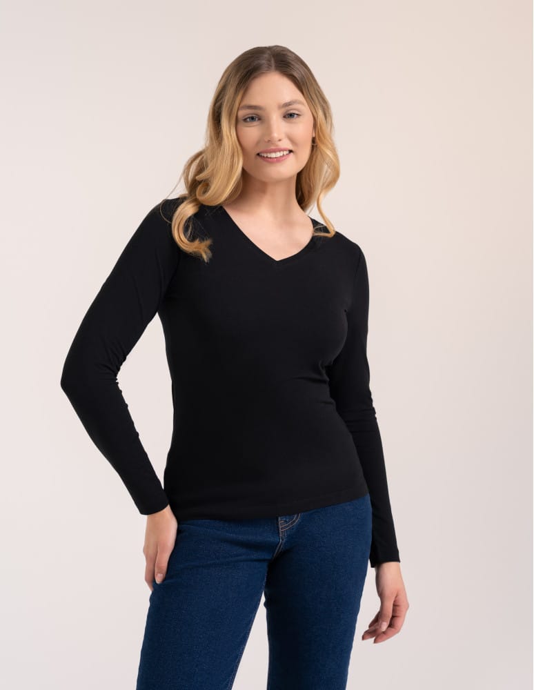 Bluzki z długim rękawem - Klasyczny longsleeve damski bawełniany Slim Fit CZARNY - produkt moraj.pl 1