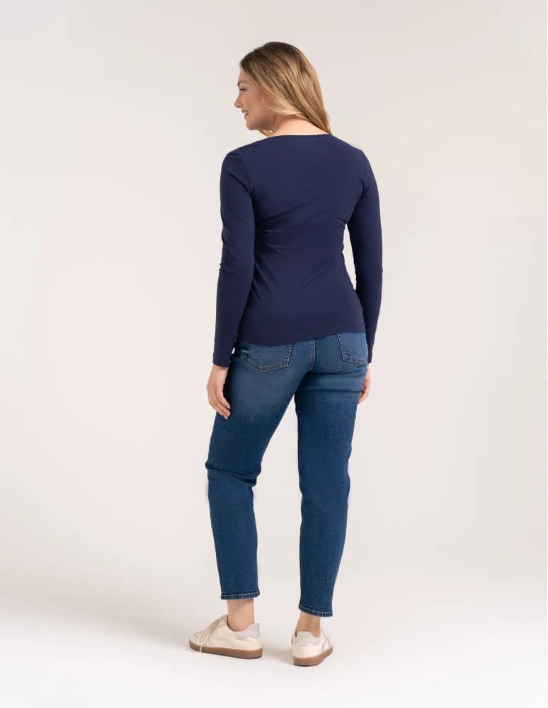 Bluzki z długim rękawem - Klasyczny longsleeve damski bawełniany Slim Fit NIEBIESKI - produkt moraj.pl 7