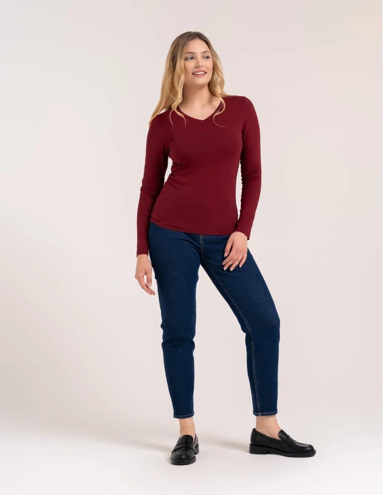 Bluzki z długim rękawem - Klasyczny longsleeve damski bawełniany Slim Fit BORDOWY - produkt moraj.pl 4