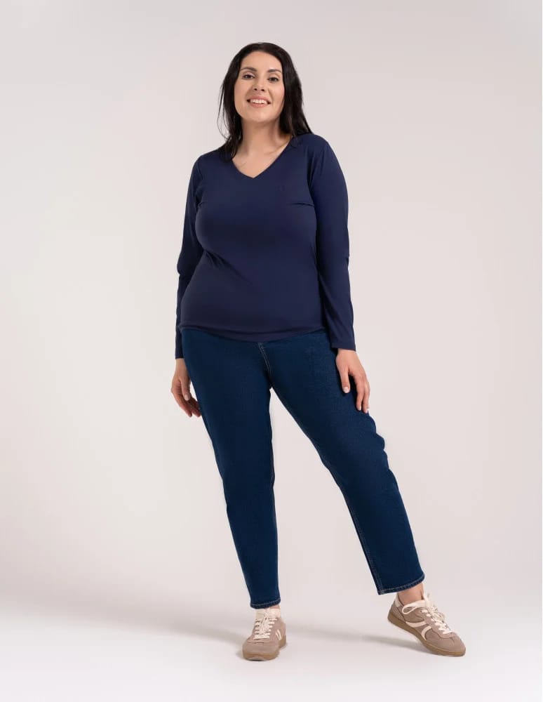 Bluzki z długim rękawem - Klasyczny longsleeve damski bawełniany Slim Fit NIEBIESKI - produkt moraj.pl 10