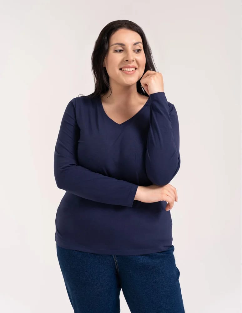 Bluzki z długim rękawem - Klasyczny longsleeve damski bawełniany Slim Fit NIEBIESKI - produkt moraj.pl 8