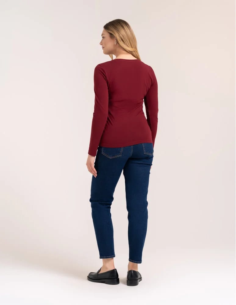 Bluzki z długim rękawem - Klasyczny longsleeve damski bawełniany Slim Fit BORDOWY - produkt moraj.pl 5