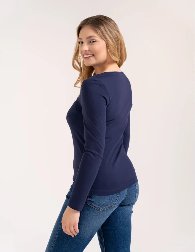 Bluzki z długim rękawem - Klasyczny longsleeve damski bawełniany Slim Fit NIEBIESKI - produkt moraj.pl 5