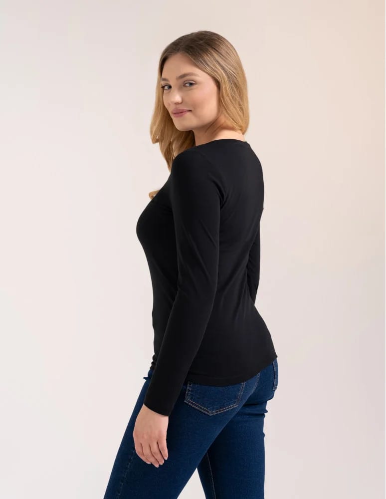 Bluzki z długim rękawem - Klasyczny longsleeve damski bawełniany Slim Fit CZARNY  - produkt moraj.pl 5