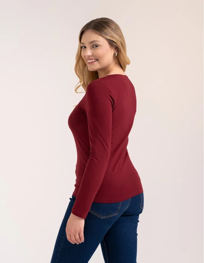 Bluzki z długim rękawem - Klasyczny longsleeve damski bawełniany Slim Fit BORDOWY - produkt moraj.pl 3