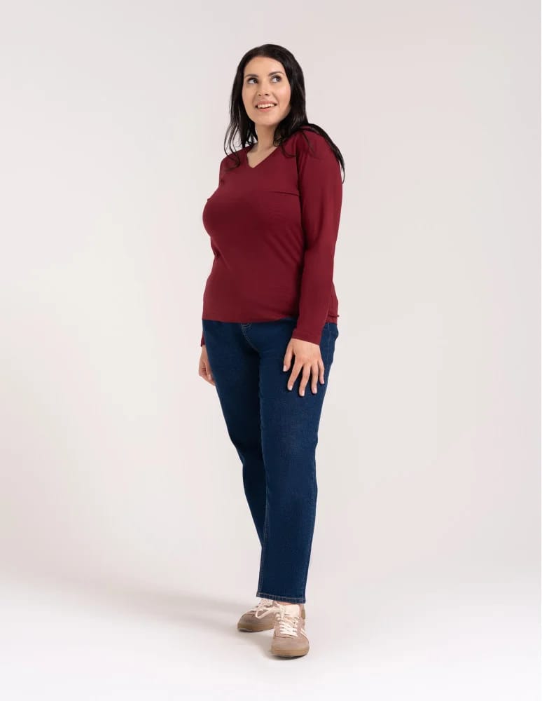 Bluzki z długim rękawem - Klasyczny longsleeve damski bawełniany Slim Fit BORDOWY  - produkt moraj.pl 3