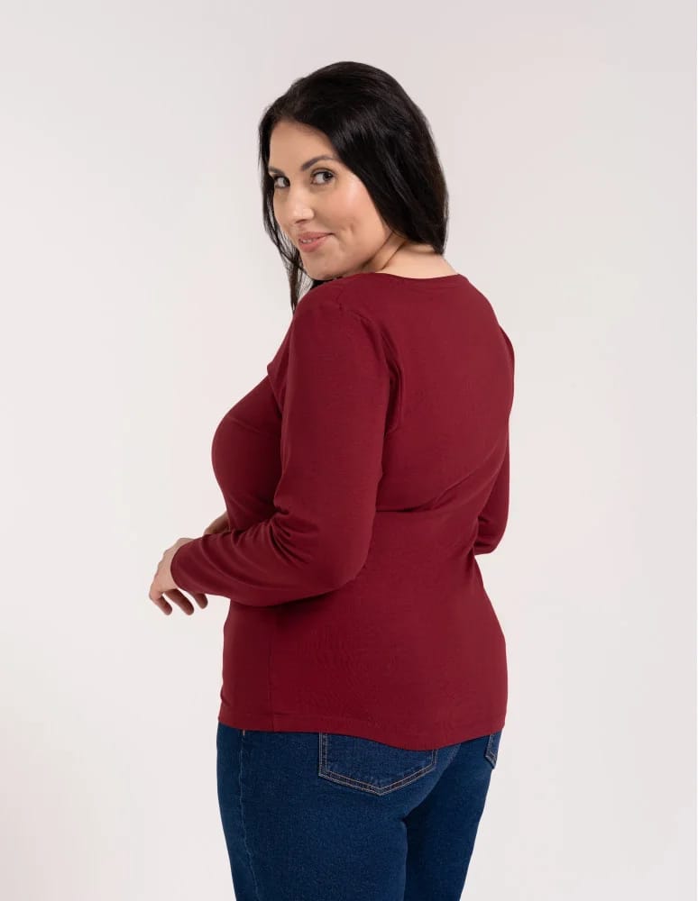 Bluzki z długim rękawem - Klasyczny longsleeve damski bawełniany Slim Fit BORDOWY  - produkt moraj.pl 4