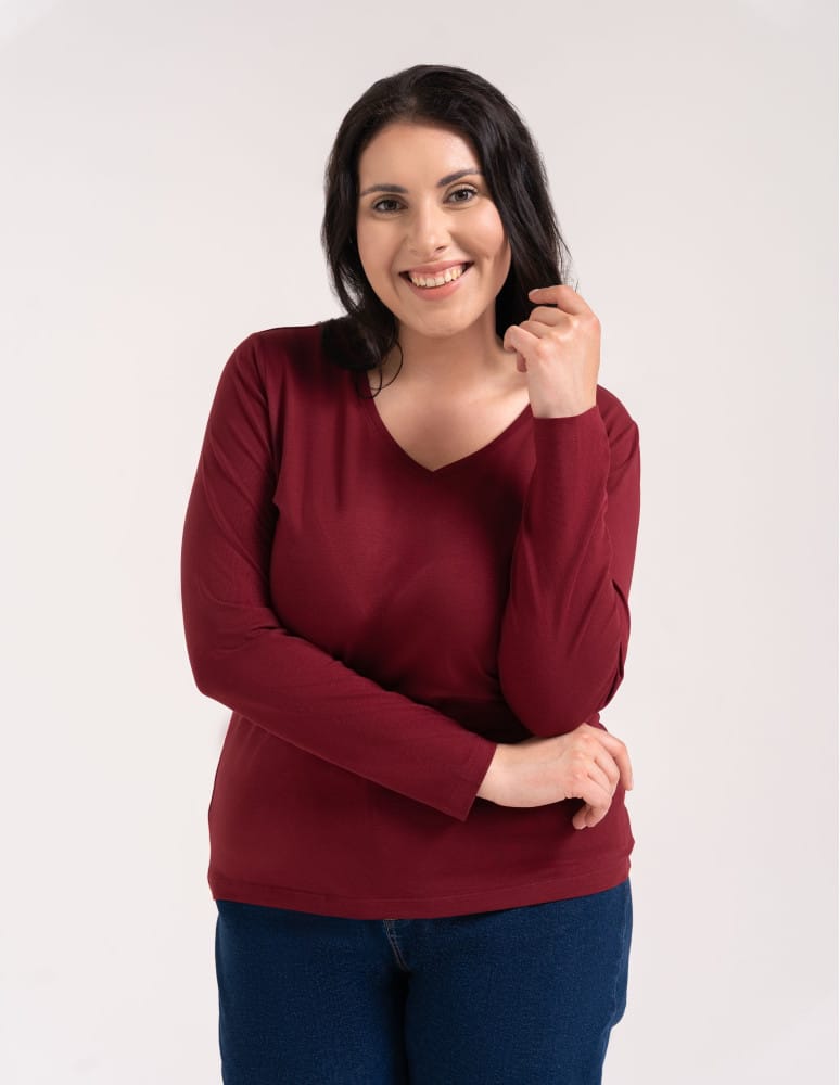 Bluzki z długim rękawem - Klasyczny longsleeve damski bawełniany Slim Fit BORDOWY - produkt moraj.pl 1