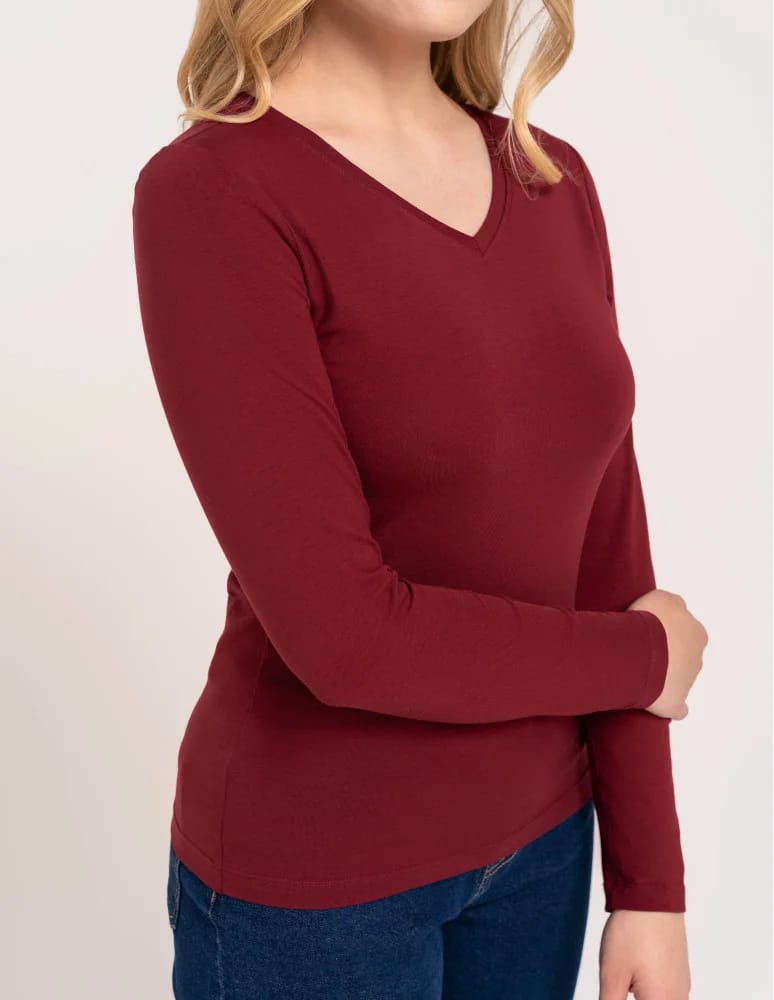 Bluzki z długim rękawem - Klasyczny longsleeve damski bawełniany Slim Fit BORDOWY - produkt moraj.pl 2