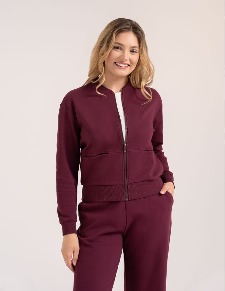 Bluzy damskie - Wygodna bluza damska rozpinana bawełniana z kieszeniami BORDOWY - produkt moraj.pl 1