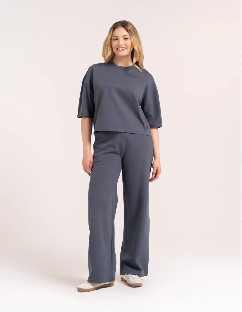 Spodnie dresowe - Spodnie damskie Wide Leg wygodne z wysokim stanem GRAFITOWY - produkt moraj.pl 3