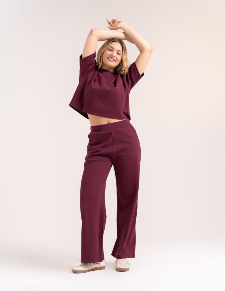 Spodnie dresowe - Spodnie damskie Wide Leg wygodne z wysokim stanem BORDOWY  - produkt moraj.pl 4