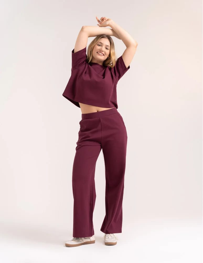 Spodnie dresowe - Spodnie damskie Wide Leg wygodne z wysokim stanem BORDOWY - produkt moraj.pl 4