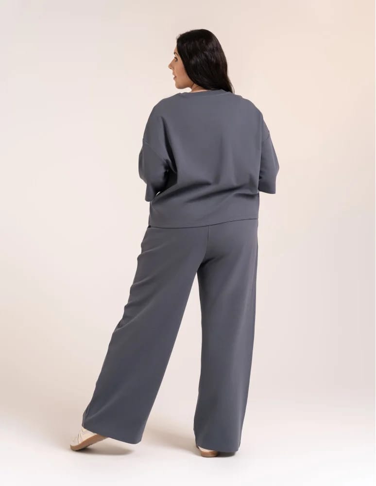 Spodnie dresowe - Spodnie damskie Wide Leg wygodne z wysokim stanem GRAFITOWY  - produkt moraj.pl 3