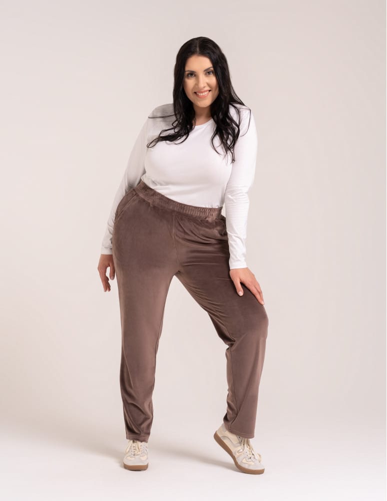 Spodnie damskie - Spodnie damskie welurowe z wysokim stanem i prostą nogawką BRĄZOWY  - produkt moraj.pl 6