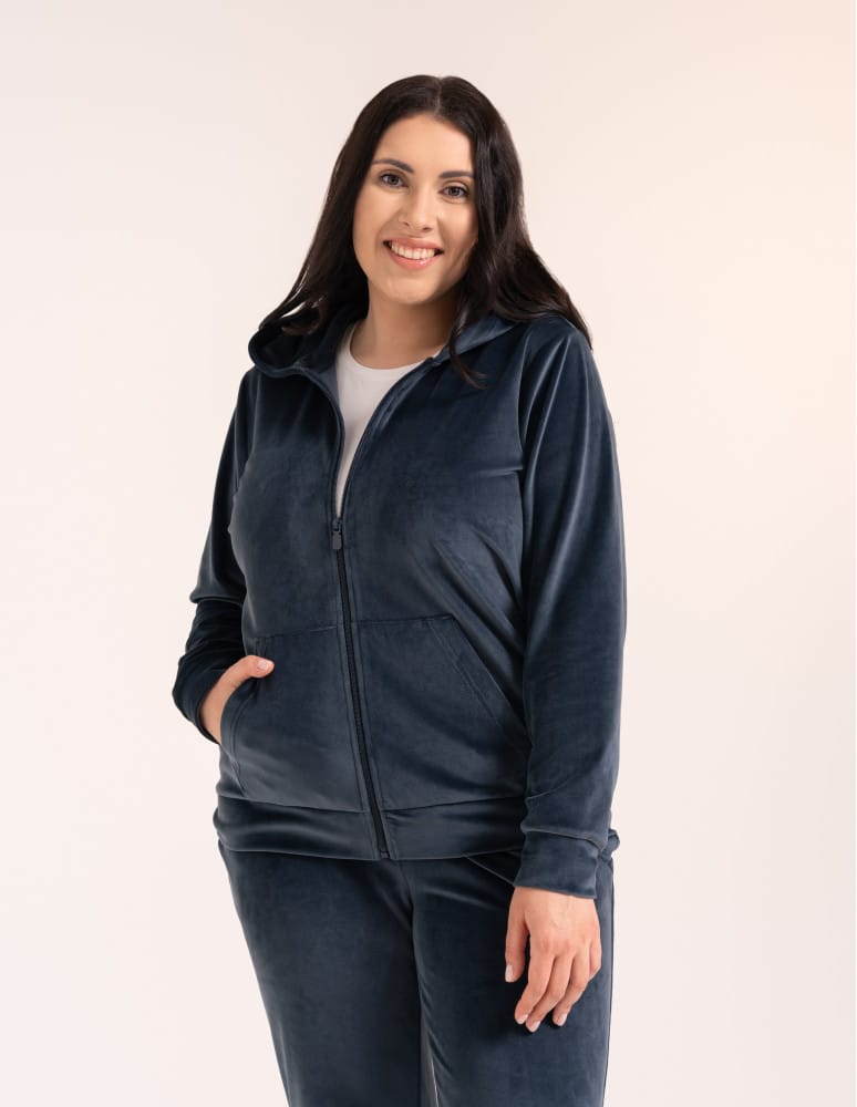 Bluzy dresowe - Bluza damska welurowa rozpinana z kapturem i kieszeniami SZARY  - produkt moraj.pl 9