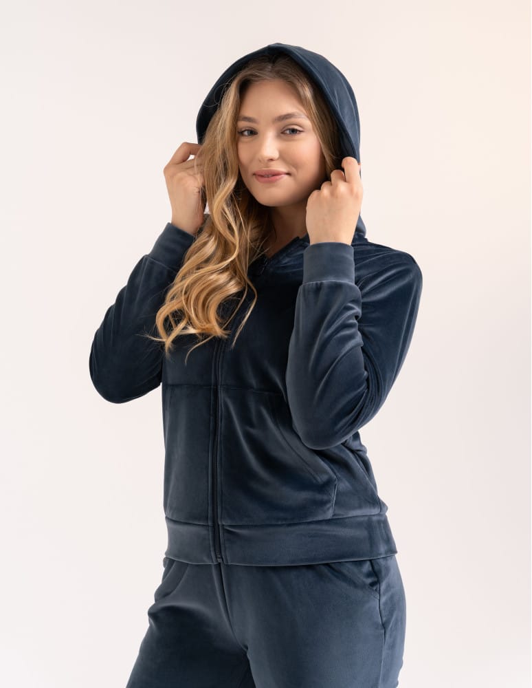 Bluzy dresowe - Bluza damska welurowa rozpinana z kapturem i kieszeniami SZARY  - produkt moraj.pl 3