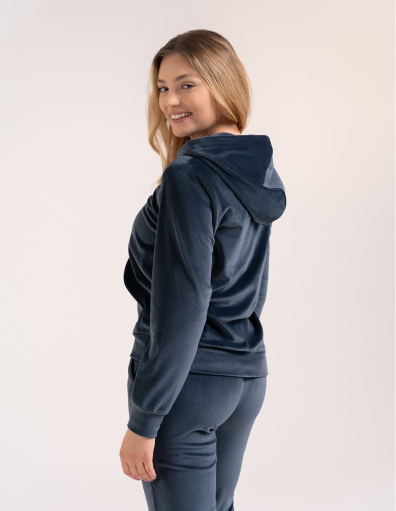 Bluzy dresowe - Bluza damska welurowa rozpinana z kapturem i kieszeniami SZARY  - produkt moraj.pl 6