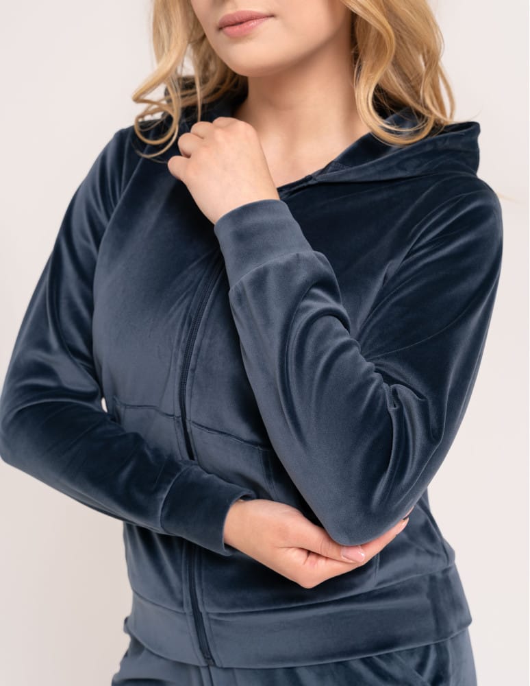 Bluzy dresowe - Bluza damska welurowa rozpinana z kapturem i kieszeniami SZARY  - produkt moraj.pl 2