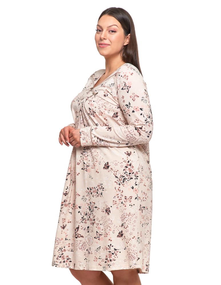 Koszule nocne z długim rękawem - Koszula nocna damska bawełna długi rękaw w kwiaty z marszczeniem Plus Size BEŻOWY  - produkt moraj.pl 3