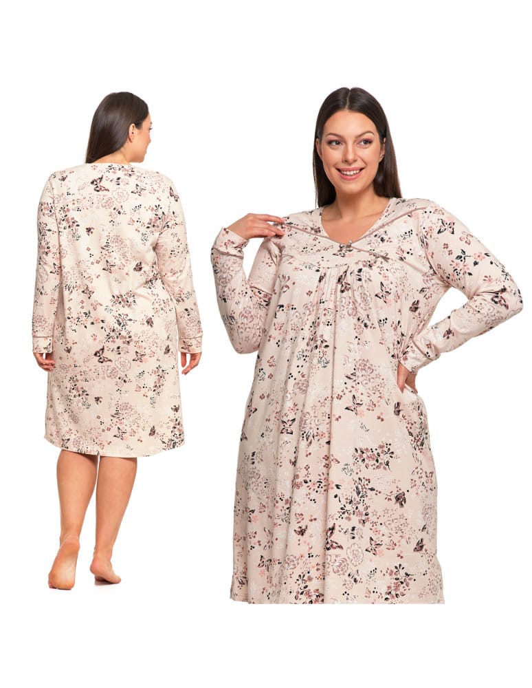 Koszule nocne z długim rękawem - Koszula nocna damska bawełna długi rękaw w kwiaty z marszczeniem Plus Size BEŻOWY  - produkt moraj.pl 4